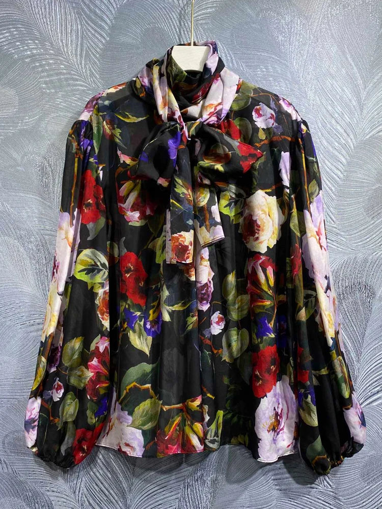 Elegant Chiffon Blouse Summer Spring New Fashion Design Women Runway High Quality 100% Silk Vintage Sicily Flower Print