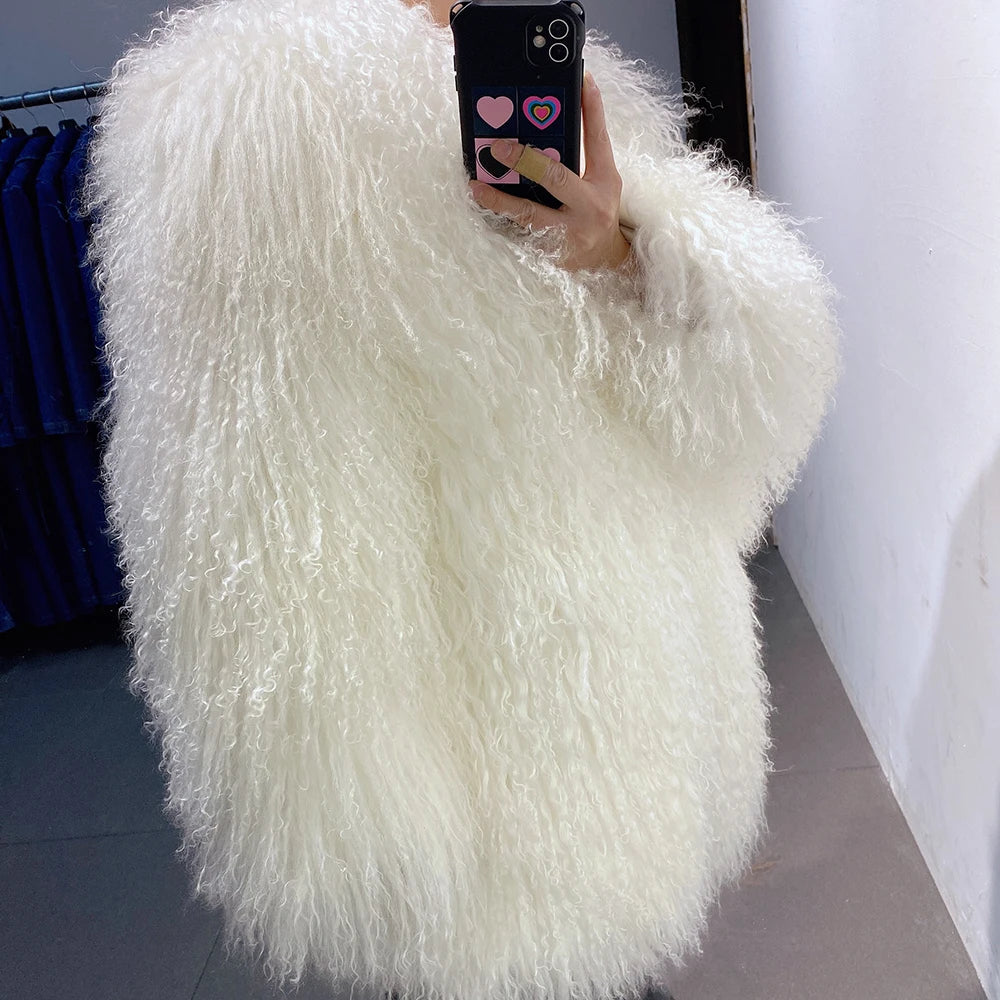 YOLOAgain Long Real Mongolia Sheep Fur Jacket Women 2024 Winter Outerwear Warm