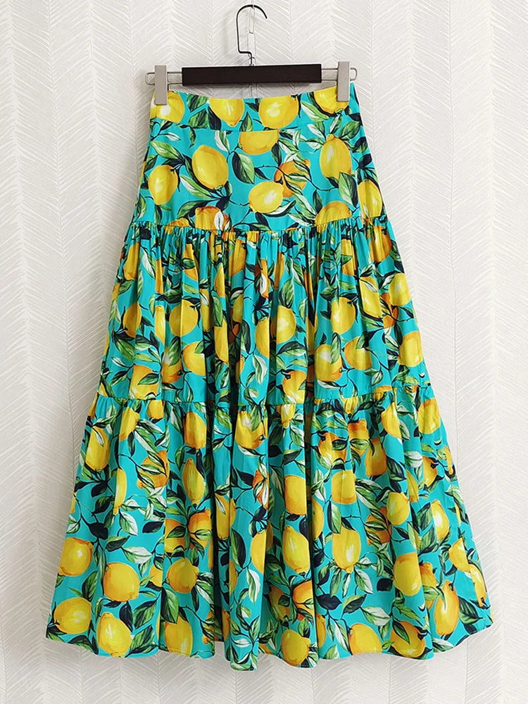 Runway Fashion Women Sicilian Skirt 100% Cotton 2022 Summer Lemon Printed Yellow Green Elegant Long Party Holiday