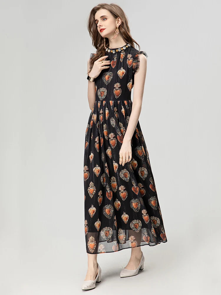 Women High Street Dress Summer Fashion O-Neck with Rhinestone Beading Sleeveless Long Vestidos Elegant Printing Sliming