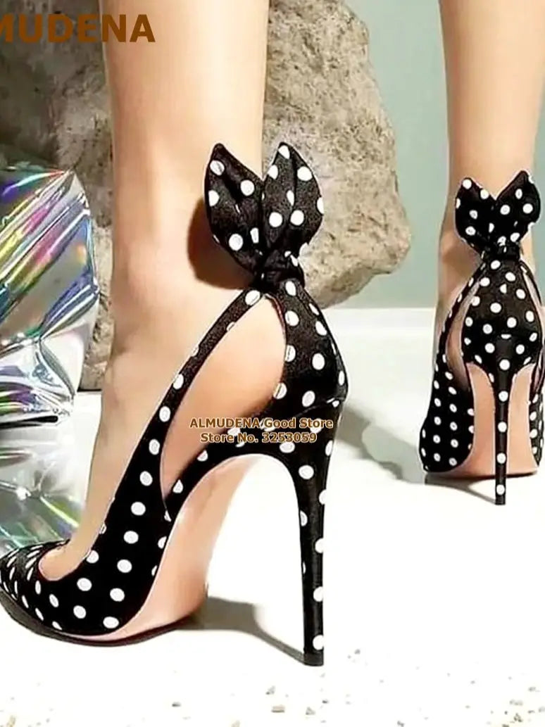 White/black Polka Dots Butterfly-knot Dress Pumps Bunny Ears Bowtie Shallow Summer Shoes Pointed Toe Slip-on Heels