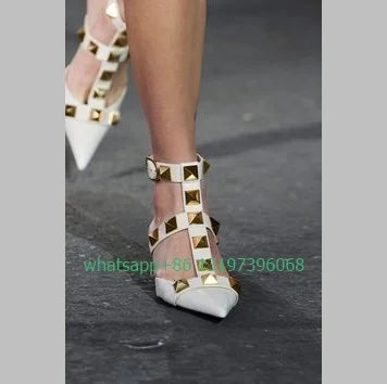 Lady yellow colorful rockstud design flat sandals cut-out studed gold design slingback shoes buckle strap pointed toe sexy shoes