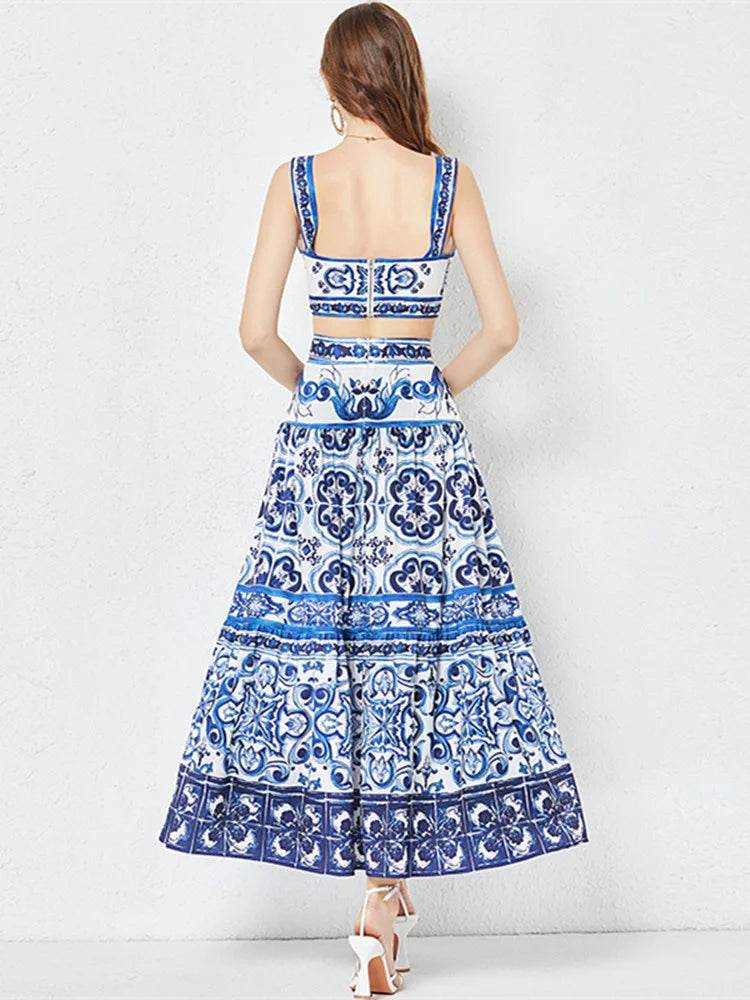 Summer Runway Blue And White Porcelain Two Piece Set Women Flower Print Short Crop Top + Holiday Beach Maxi Skirt Suits