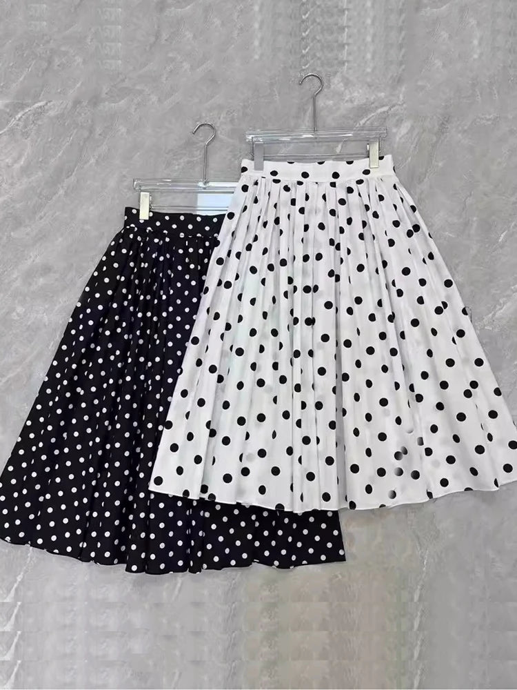 High Quality 100% Cotton Skirt Women Runway Fashion Black White Dots Letters Print Classic Elegant Midi Party Holiday