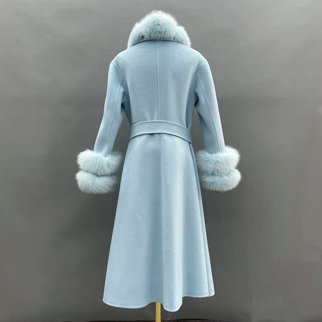 2022 Women's Winter Coats Real Fox Fur Collar Cashmere Wool Jackets Luxury Long Trench Padded Coats Overcoat Female