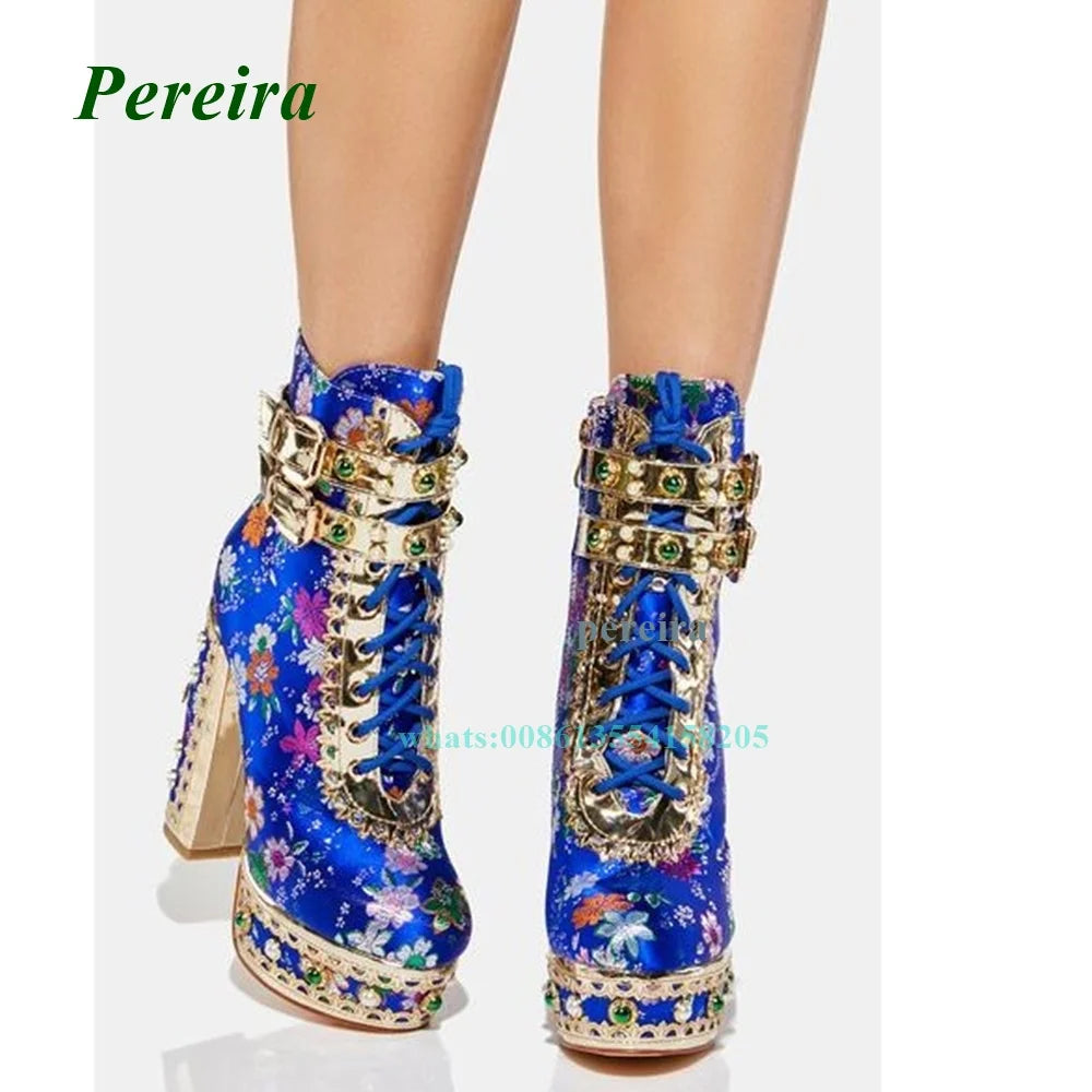 Blue Retro Pattern Women's Shoes 2022 New Round Toe Platform Metal Boots Chunky Heel Buckle Strap High Heels Side Zipper Sexy