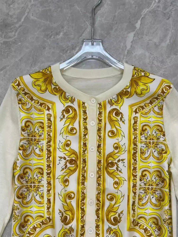 Women High Qaulity Summer Top Sicilian Silk Wool Kintted Patchwork Yellow Porcelian Printed Elegant Casual Sweater