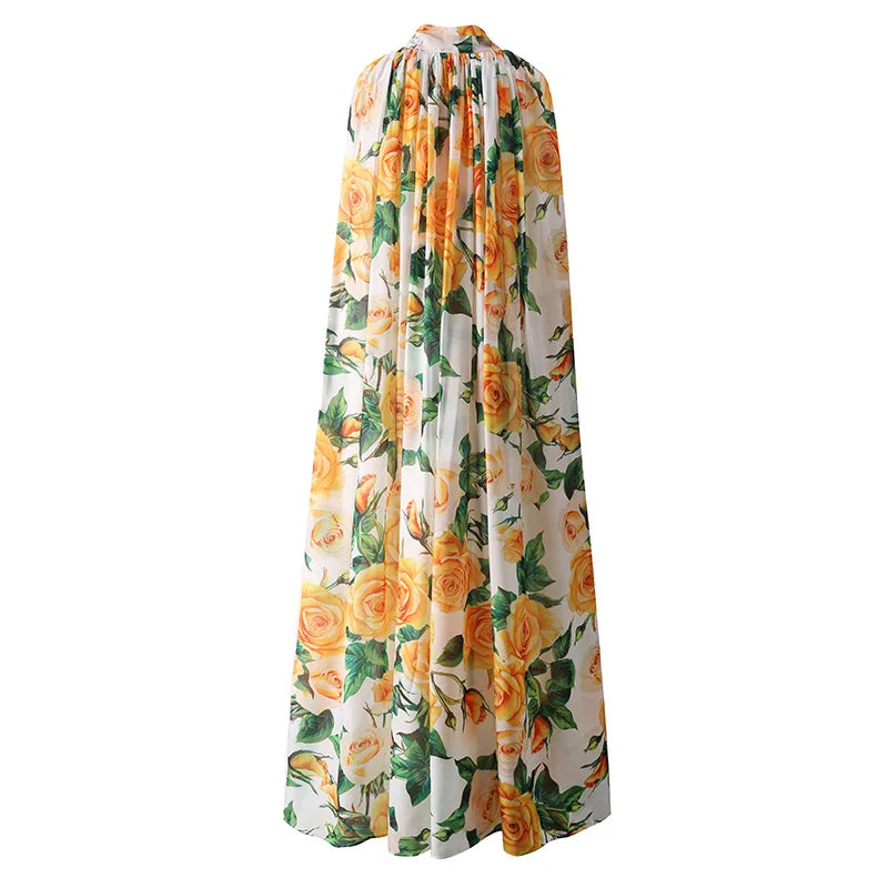 Women Elegant Yellow Rose Print Long Capes Fashion Scarf Dress Bow Cloak New Shawl Coat Collection 2024 Trendy Wrap