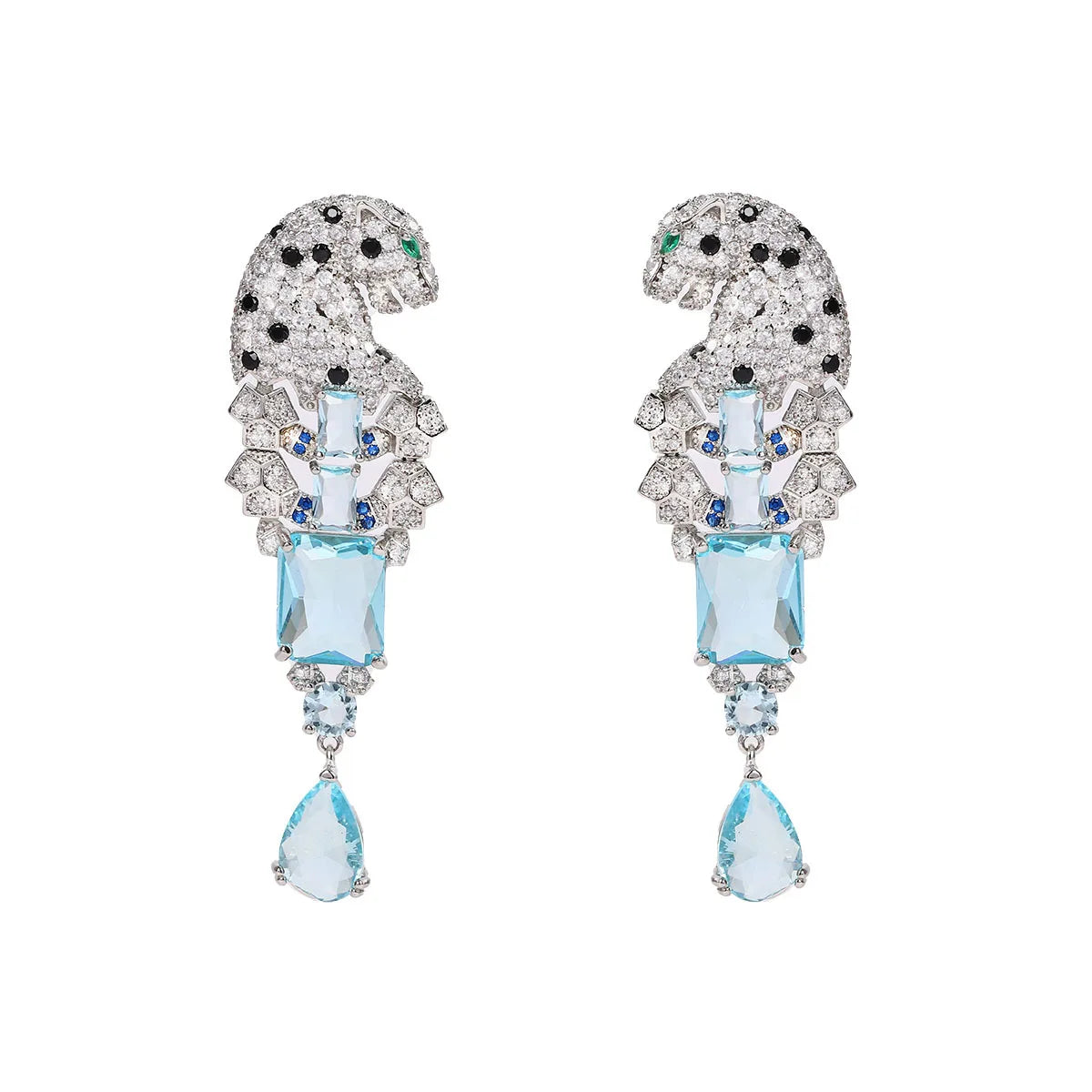 Luxury Temperament Women's 925 Silver Drop Earrings Paved Sea Blue CZ Leopard Dangle Earrings Delicate Leopard Jewelry