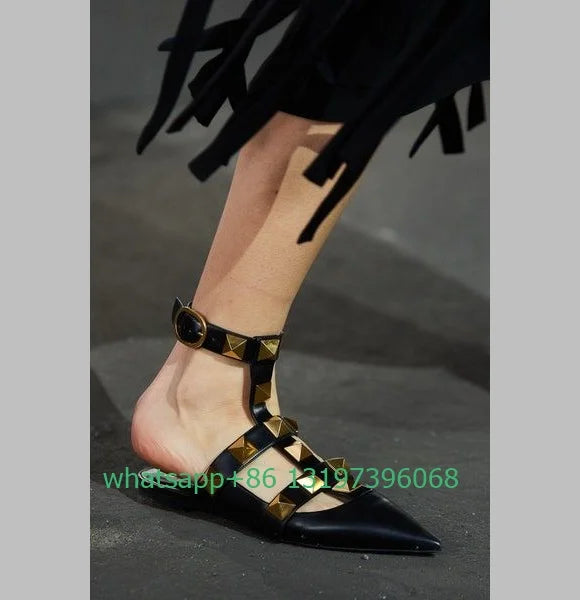 Lady yellow colorful rockstud design flat sandals cut-out studed gold design slingback shoes buckle strap pointed toe sexy shoes