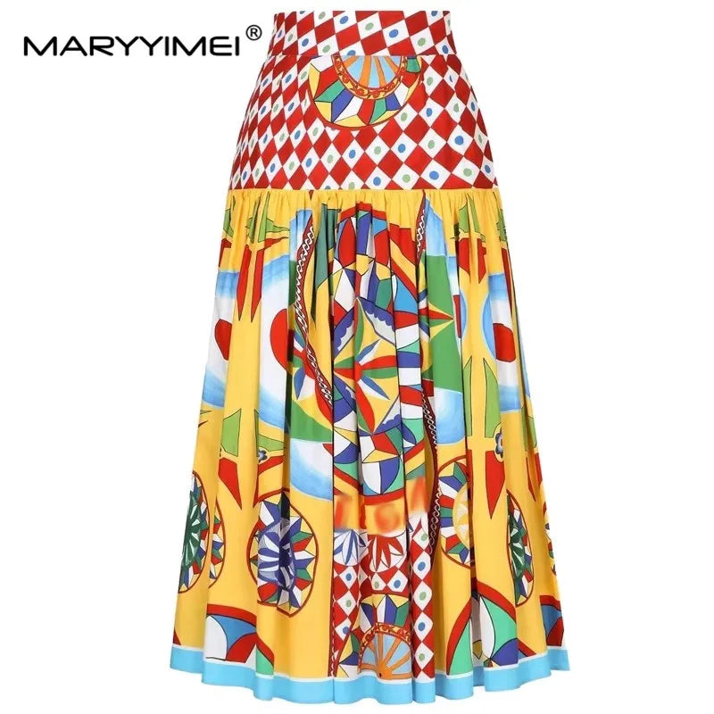 Summer Fashion Designer Print Cotton Skirt Women's High Waist Ruched Holiday Casual A-LINE Mid Skirt