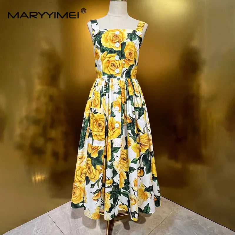 MARYYIMEI Fashion Women's New Woven Cotton Square-Neck Spaghetti Strap Single-Breasted Sleeveless Printed Beach Style MIDI Dress