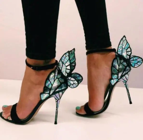 High-end Women Orange Butterfly Sandals Metal Stiletto Heel Metallic Cut-outs Pumps Bling Bling Crystal Celebrity Wedding Shoes