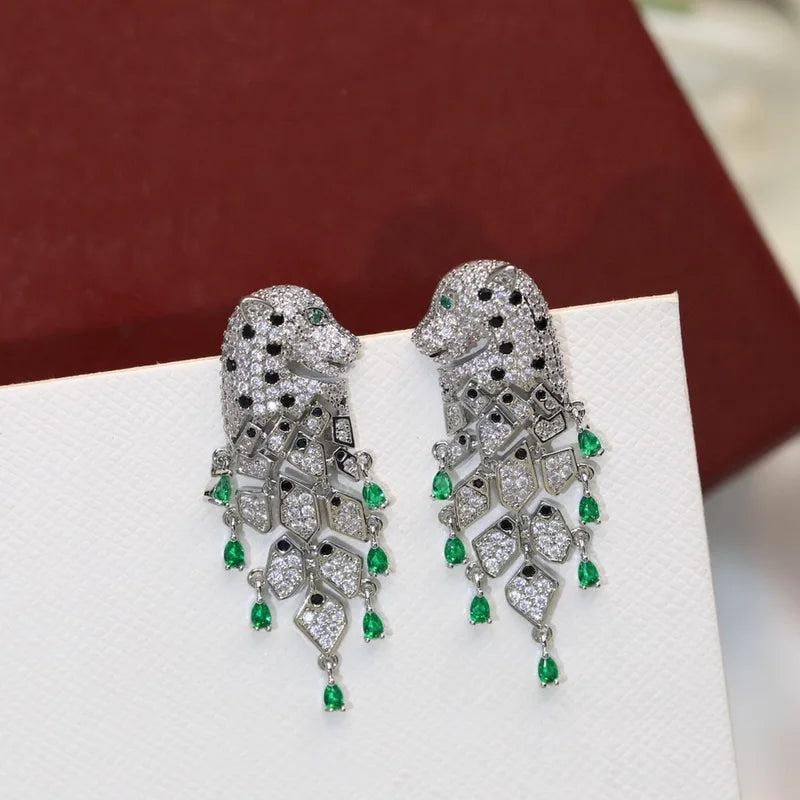 Fine Quality Designer Luxury Women Lady Setting Full Czech Zircon Green Eyes Leopard Black Spot Tassels Stud Earrings