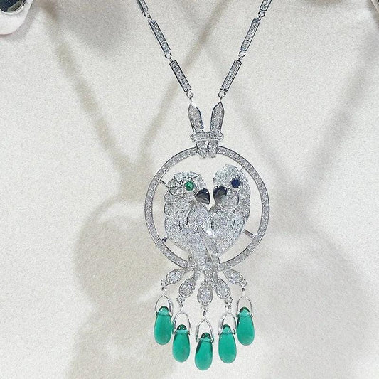 Europe America Fashion High-end Jewellery Women Lady Inlay Cubic Zircon Double Parrots Pendants Silver Color Chain Necklace