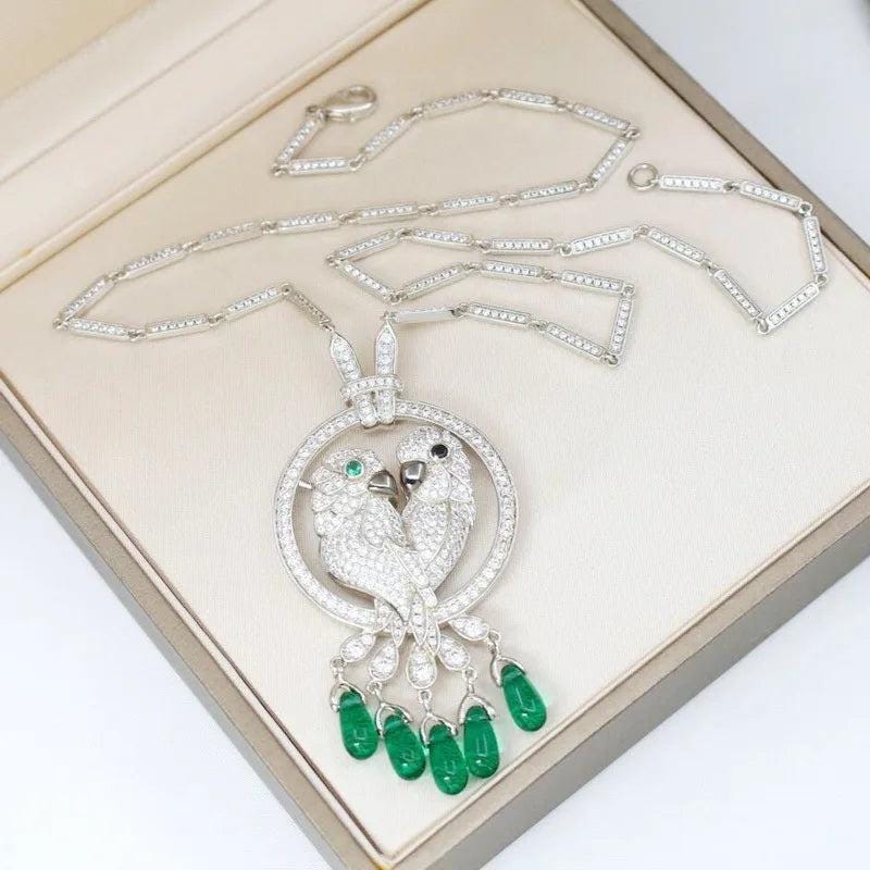 Europe America Fashion High-end Jewellery Women Lady Inlay Cubic Zircon Double Parrots Pendants Silver Color Chain Necklace