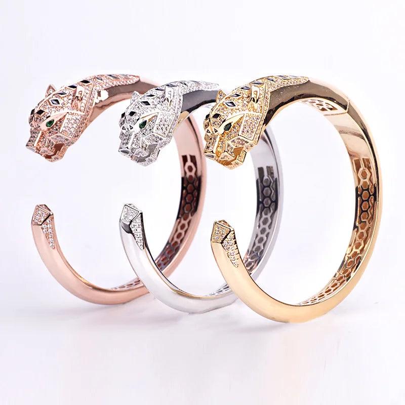 Luxury Fine Quality Runway Lady Plated Gold Color Green Eyes Black Spots Cubic Zircon Leopard Open Ring Bracelet Bangle