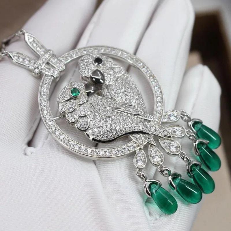 Europe America Fashion High-end Jewellery Women Lady Inlay Cubic Zircon Double Parrots Pendants Silver Color Chain Necklace