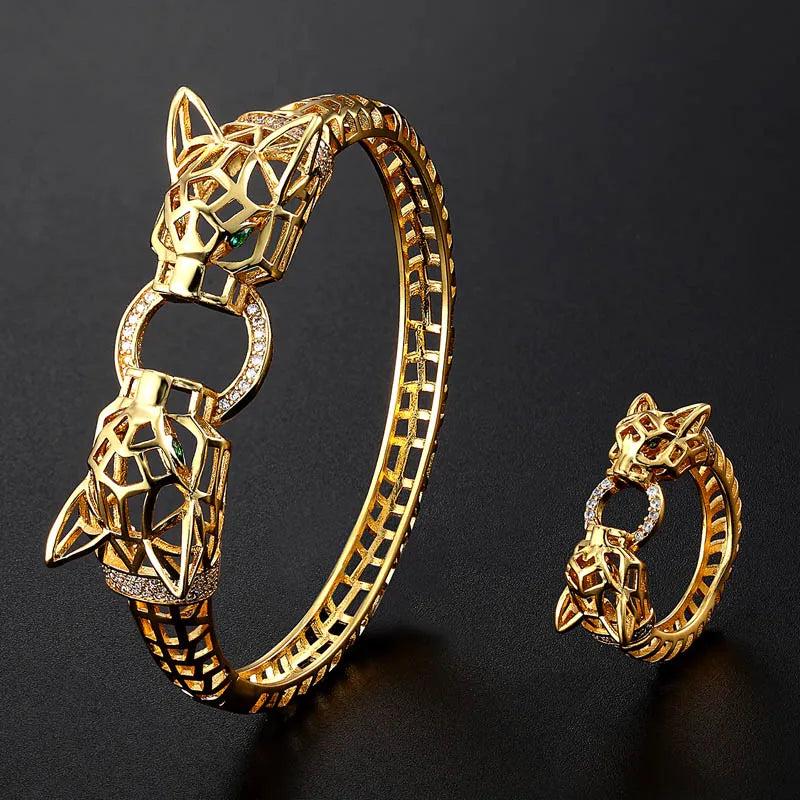 High-end hollow design leopard head bracelet ring set for women and men gift Perfct paved cubic zircon copper bracelet