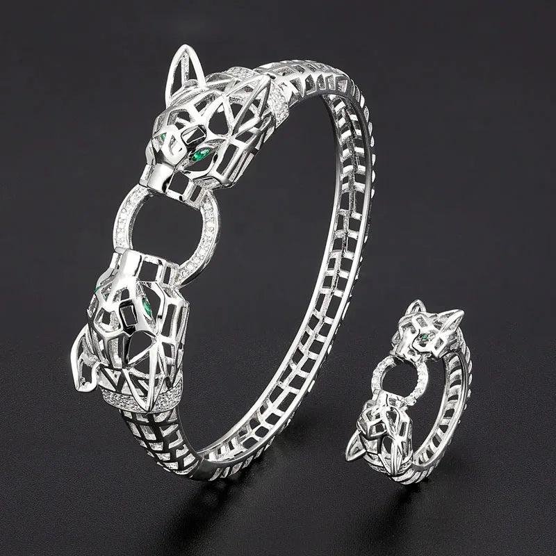 High-end hollow design leopard head bracelet ring set for women and men gift Perfct paved cubic zircon copper bracelet