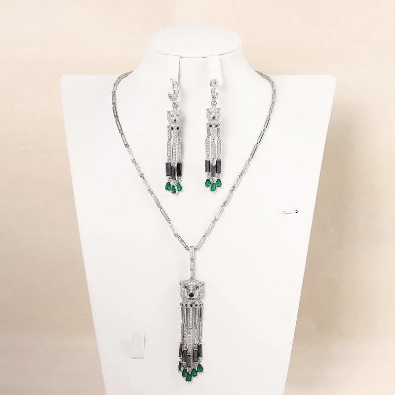 Designer Collection Fashion Style Earrings Necklace Women Lady Inlay Full Cubic Zircon Leopard Head Green Beads Tassels Pendant