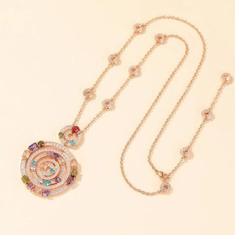 Europe America Fashion High-end Jewellery Women Lady Inlay Colored Round Circle Pendant Plated Gold Color Necklace Earrings