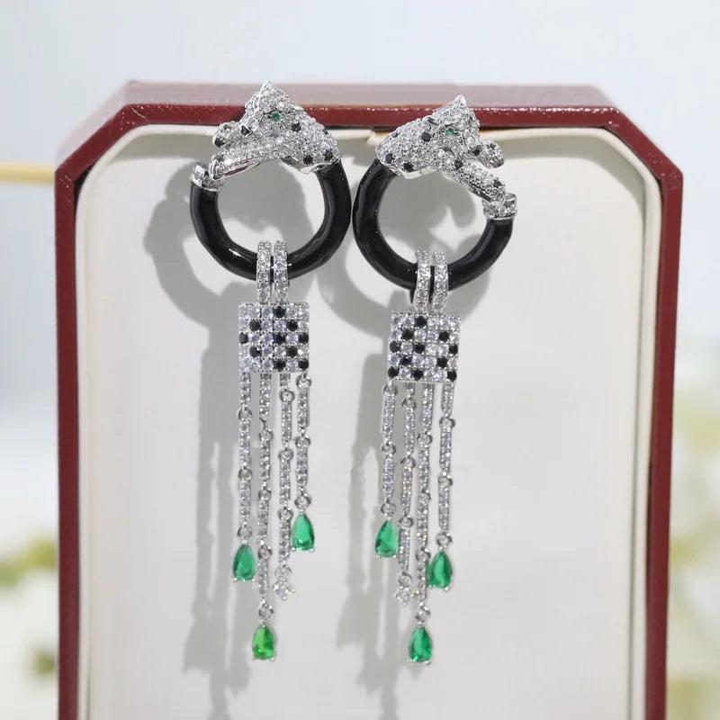 Designer Luxury Style Women Lady Setting Full Czech Zircon Green Eyes Leopard Black Circle Tassels Stud Earrings