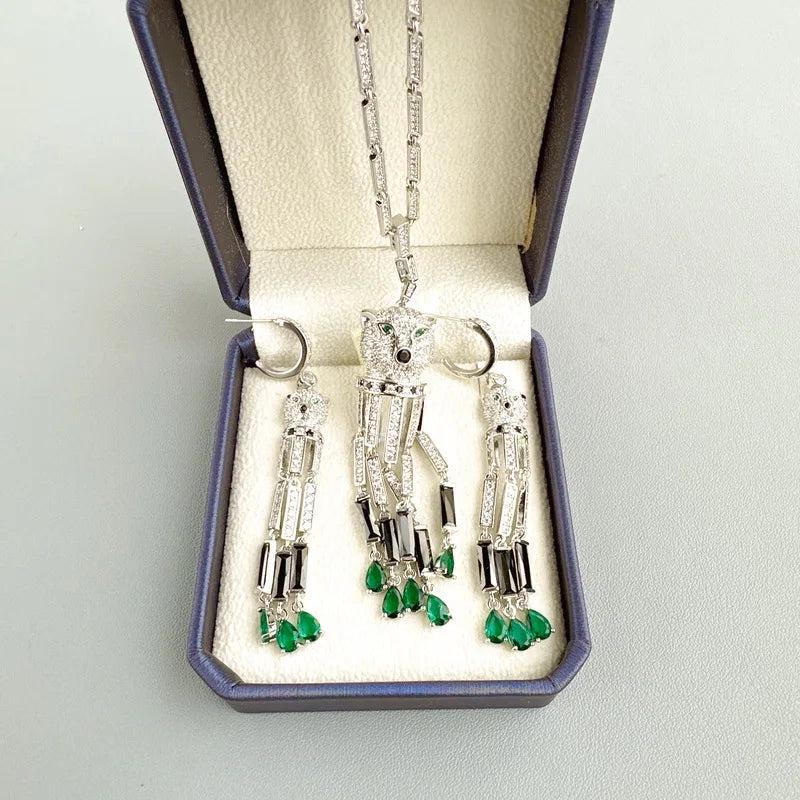 Designer Collection Fashion Style Earrings Necklace Women Lady Inlay Full Cubic Zircon Leopard Head Green Beads Tassels Pendant