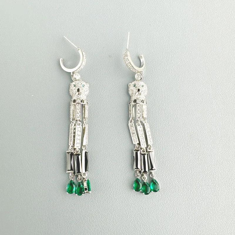 Designer Collection Fashion Style Earrings Necklace Women Lady Inlay Full Cubic Zircon Leopard Head Green Beads Tassels Pendant