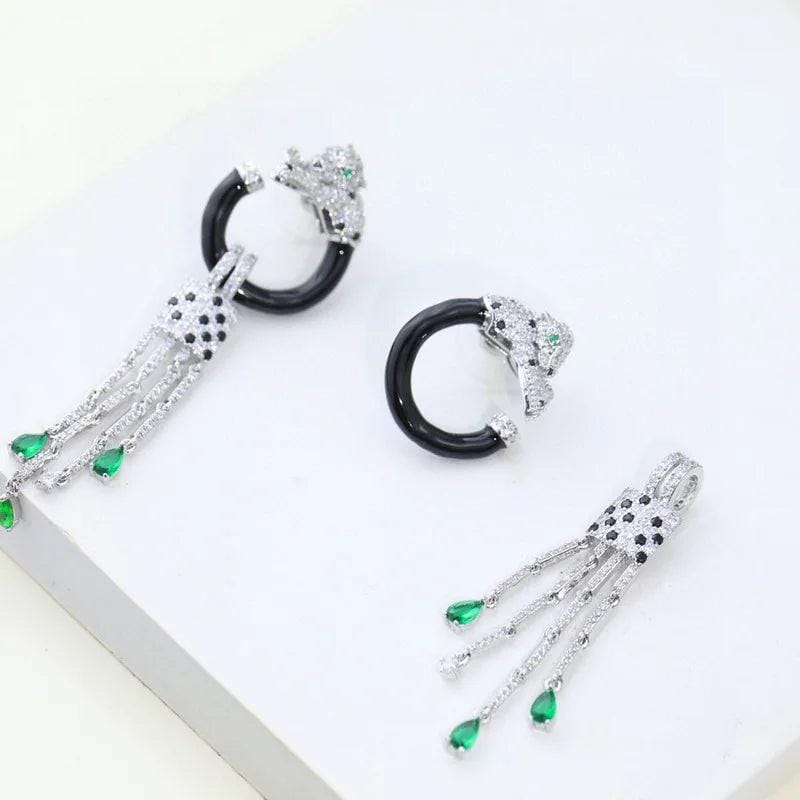 Designer Luxury Style Women Lady Setting Full Czech Zircon Green Eyes Leopard Black Circle Tassels Stud Earrings