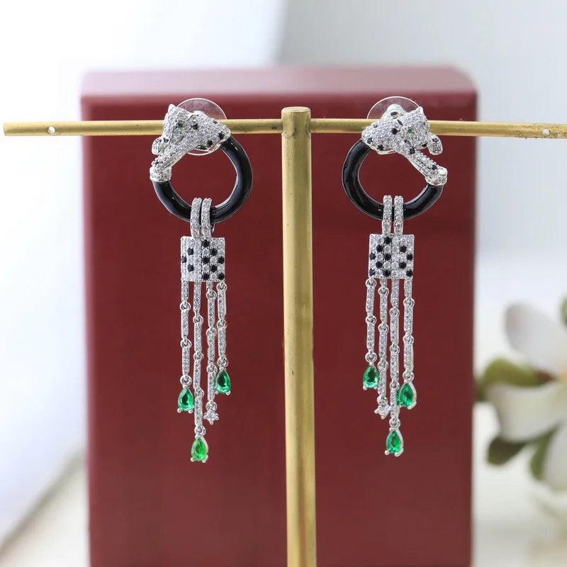 Designer Luxury Style Women Lady Setting Full Czech Zircon Green Eyes Leopard Black Circle Tassels Stud Earrings