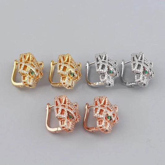 Europe America Designer Luxury Women Lady Micro Inlaid Full Zircon Green Leopard Plated Gold Color Stud Ear Clip Earrings