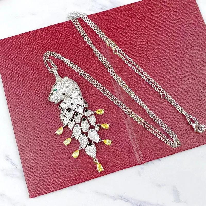 Europe America Designer Luxury Necklace Men Women Lady Setting Yellow Zircon Black Spot Leopard Head Tassels Pendant Chain