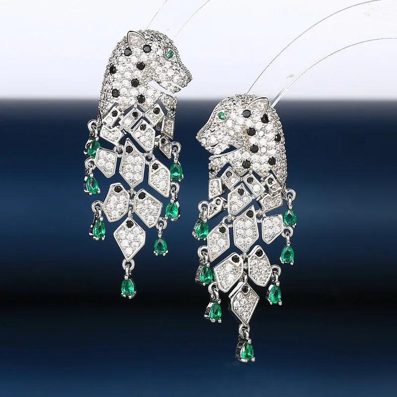 Fine Quality Designer Luxury Women Lady Setting Full Czech Zircon Green Eyes Leopard Black Spot Tassels Stud Earrings