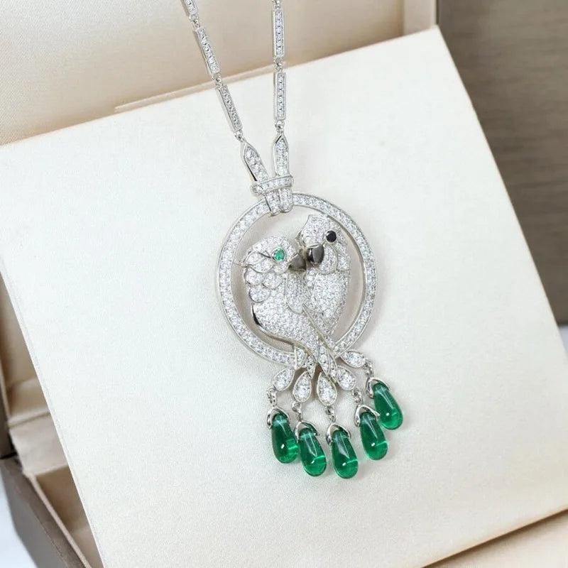 Europe America Fashion High-end Jewellery Women Lady Inlay Cubic Zircon Double Parrots Pendants Silver Color Chain Necklace