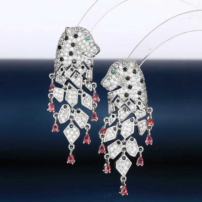 Fine Quality Designer Luxury Women Lady Setting Full Czech Zircon Green Eyes Leopard Black Spot Tassels Stud Earrings