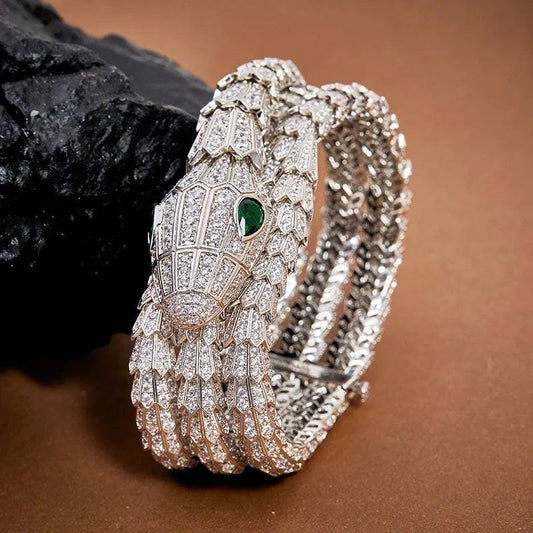 Women's Chic Snake Jewelry Set - 3-Layer Necklace & Bracelet with Green Zircon Eyes, Perfect Birthday or Banquet Gift