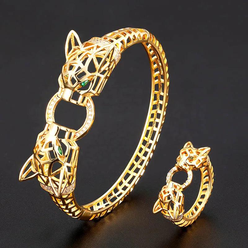 High-end hollow design leopard head bracelet ring set for women and men gift Perfct paved cubic zircon copper bracelet