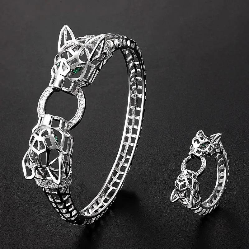 High-end hollow design leopard head bracelet ring set for women and men gift Perfct paved cubic zircon copper bracelet