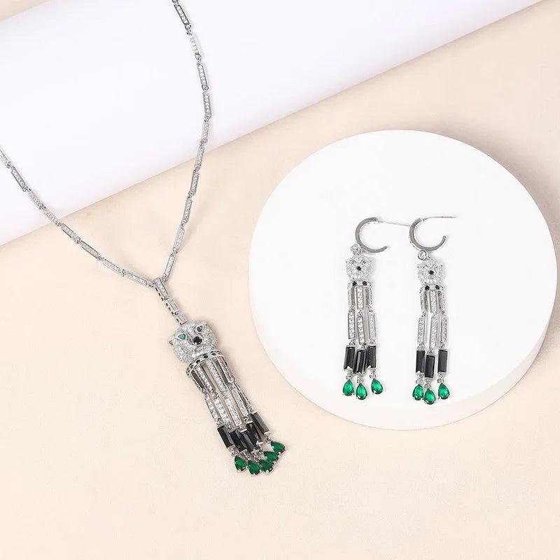 Designer Collection Fashion Style Earrings Necklace Women Lady Inlay Full Cubic Zircon Leopard Head Green Beads Tassels Pendant