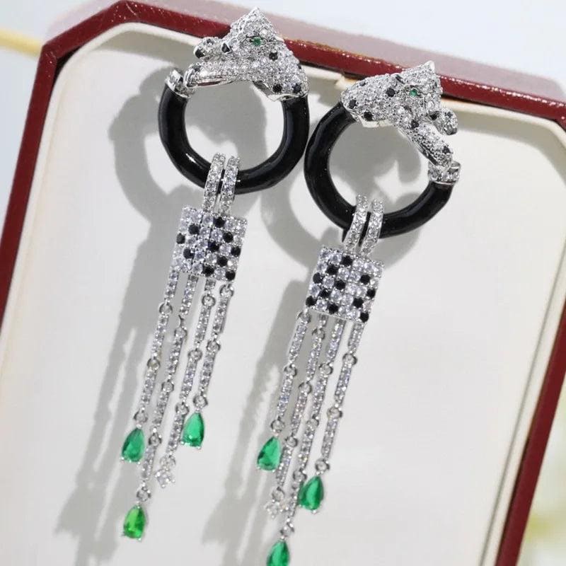 Designer Luxury Style Women Lady Setting Full Czech Zircon Green Eyes Leopard Black Circle Tassels Stud Earrings