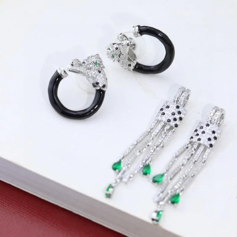 Designer Luxury Style Women Lady Setting Full Czech Zircon Green Eyes Leopard Black Circle Tassels Stud Earrings