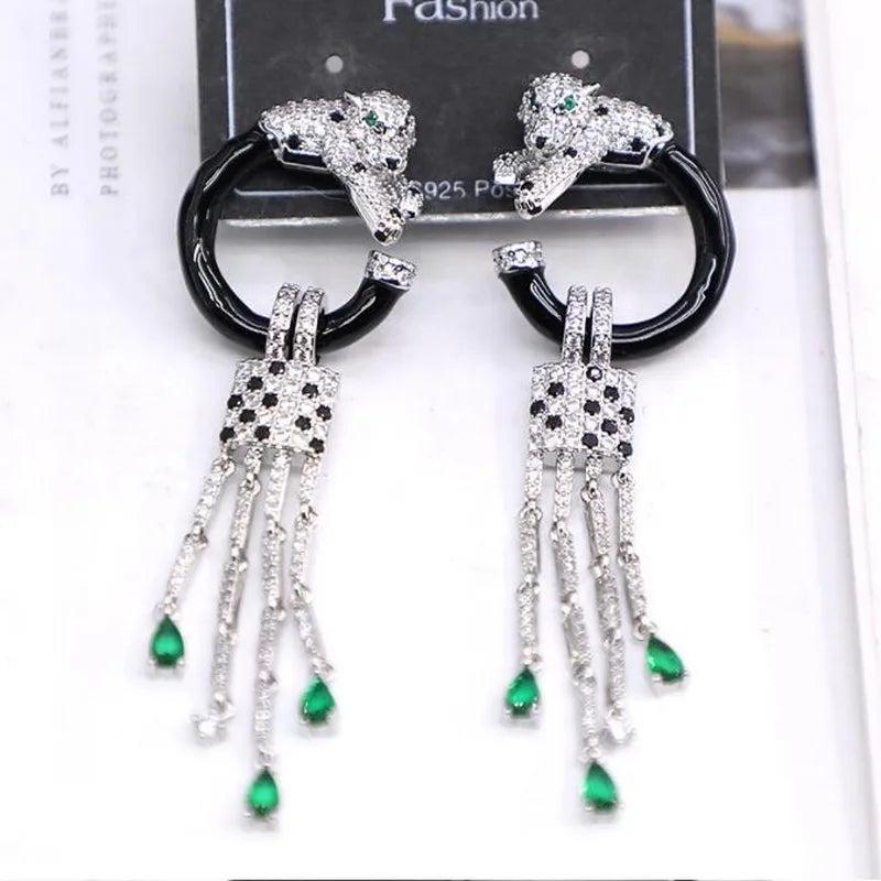 Designer Luxury Style Women Lady Setting Full Czech Zircon Green Eyes Leopard Black Circle Tassels Stud Earrings