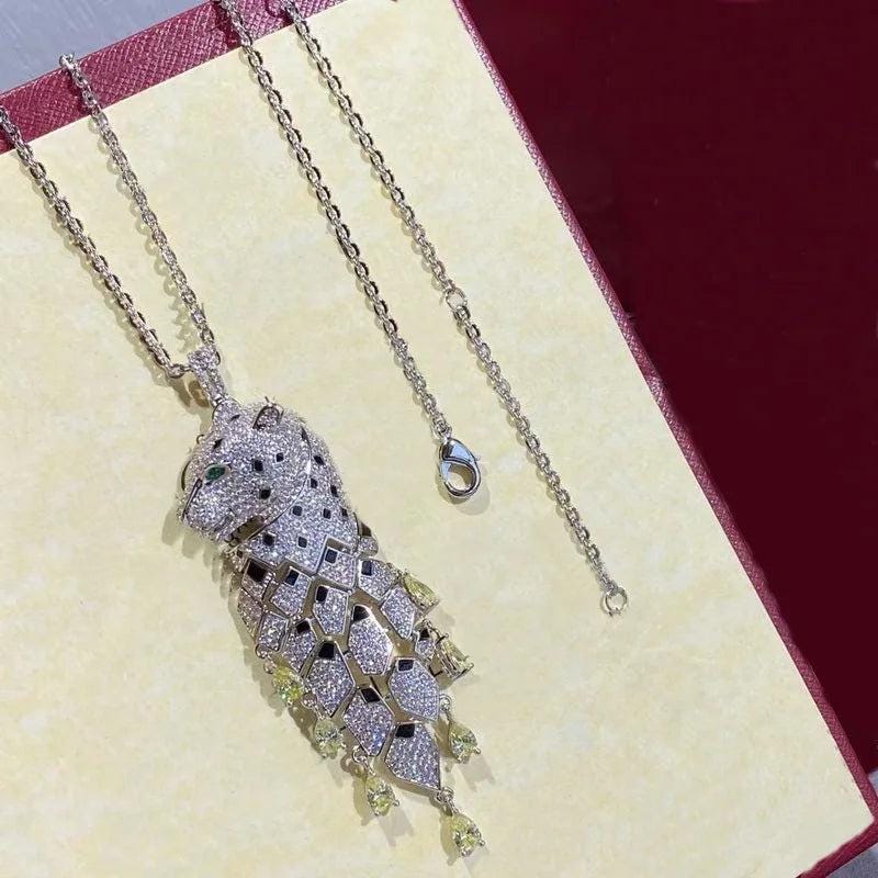 Europe America Designer Luxury Necklace Men Women Lady Setting Yellow Zircon Black Spot Leopard Head Tassels Pendant Chain