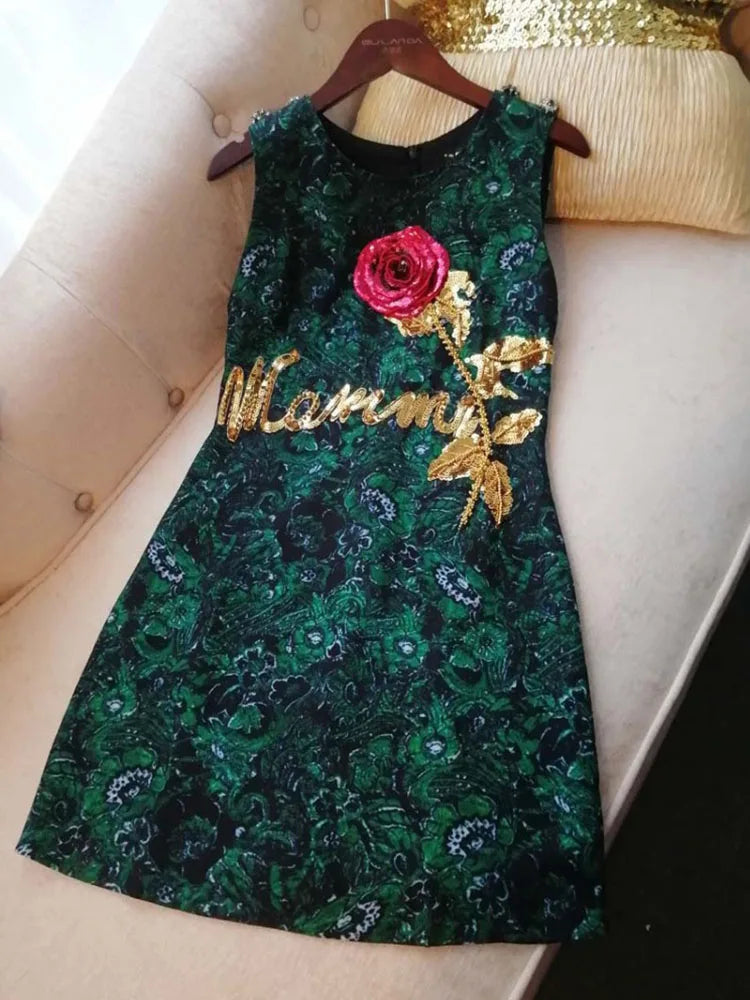 Summer High-end Custom Sequined Embroidery Dress for Women 2023 Runway Designer Vintage O-neck Sleeveless Rose Flower Dress