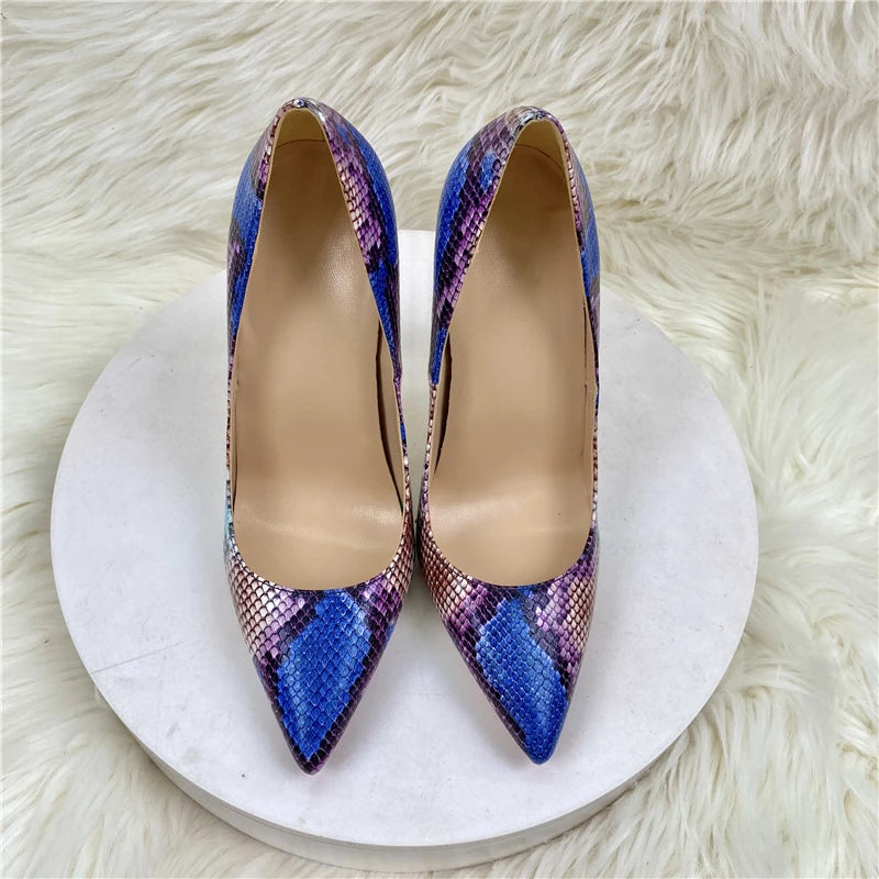 Royal Blue Snakeskin Women Pointy Toe High Heels Sexy Party Shoes Fashion Designer Stiletto Pumps Plus Size 33-45