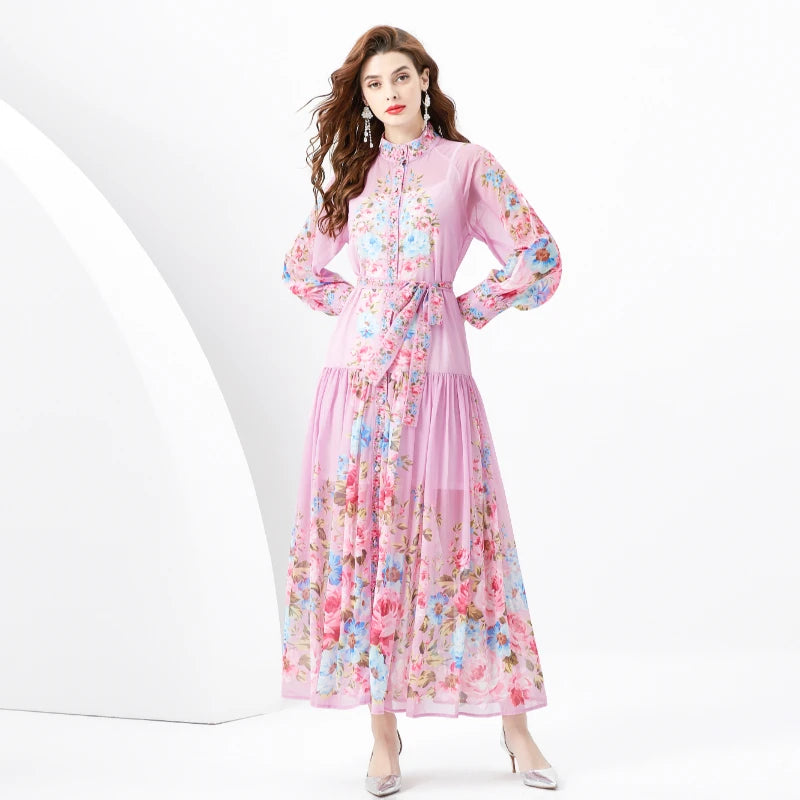Dropship Spring Summer Fall Floral Print Bow Tie Neck Scarf 3/4 Sleeve Empire Waist Women Ladies Party Casual Beach Midi Dresses
