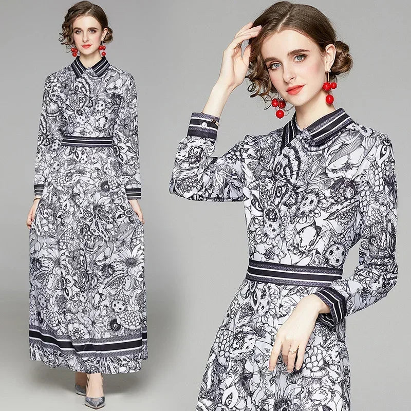 Spring Summer Fall Autumn Runway Vintage Floral Print Collar Long Sleeve Women Ladies Party Casual Vacation A-Line Maxi Dresses