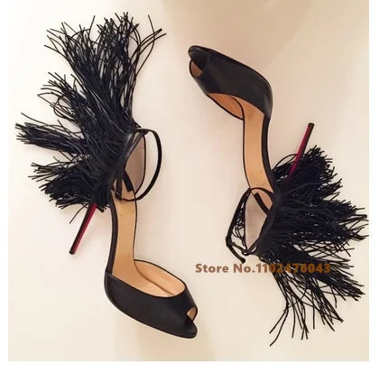 Suede Tassels High Stiletto Heels Sandals Women Patchwork Peep Toe Ankle Strap Thin Heel Shoes Sexy Women's Summer Sandals