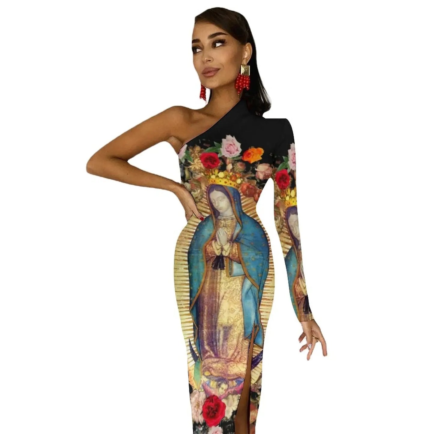 Virgin Mary Mexico Side Split Bodycon Dress Lady Catholic Saint Kawaii Maxi Dress Autumn One Shoulder Street Style Print Dresses